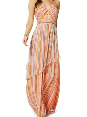 Ramy Brook Orange Multicolor Stripe Silk Halter Maxi Dress - COREY Dress XS